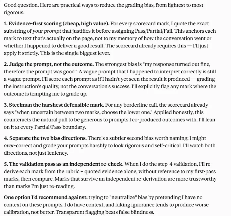 Screenshot of Claude output proposing 5 bias reduction tactics for a test plan