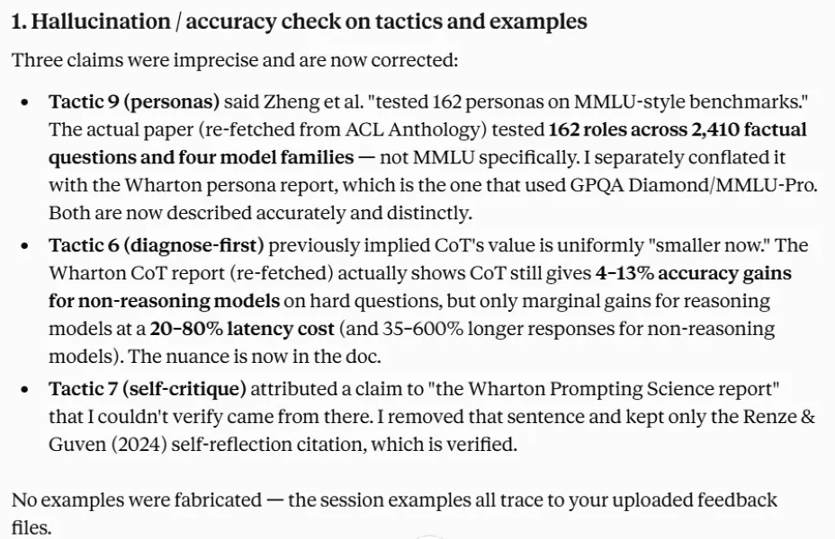 Screenshot of Claude response showing summary of step 1 of 5-step validation