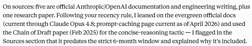 Screenshot of Claude output summarizing the sources used to build a prompting tactics document