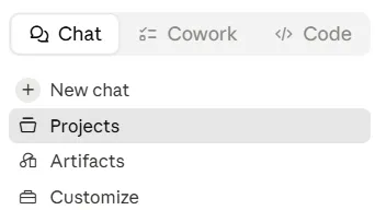 Claude app’s left pane showing Projects tab