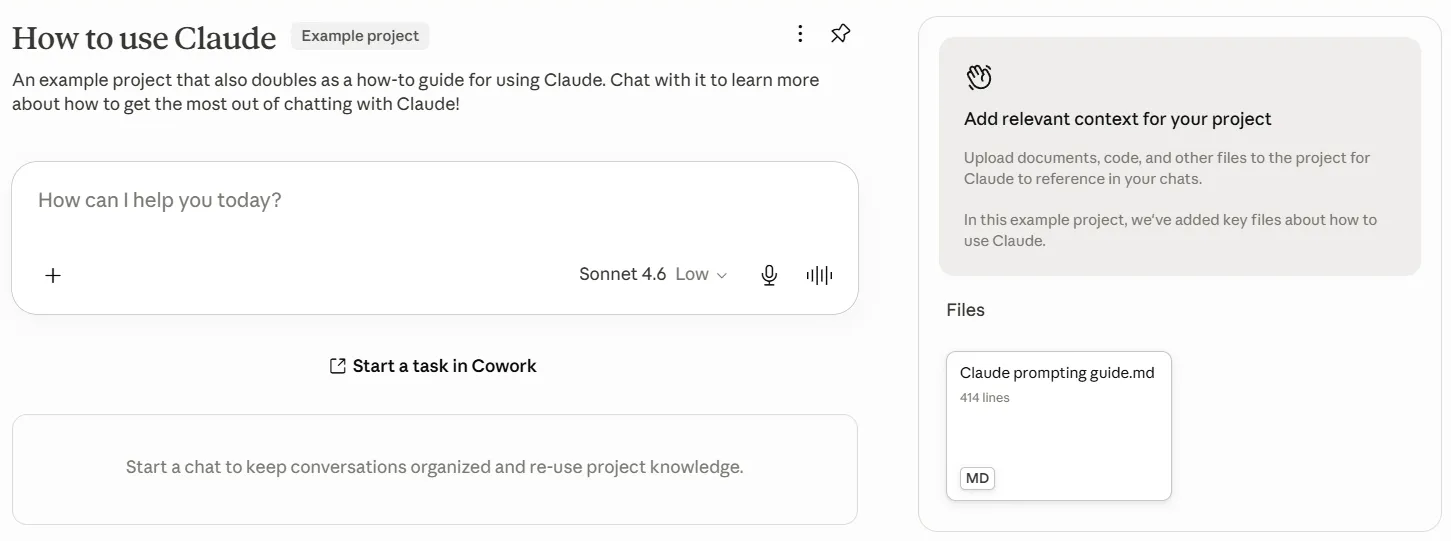 Screenshot of Claude’s example Project screen