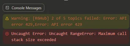 Console log showing warning and errors caught on Artifact refresh
