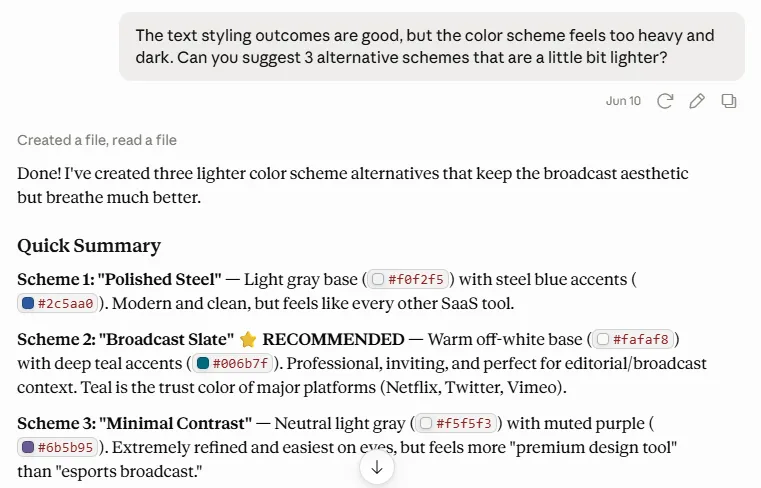 Claude chat with a prompt for an alternate color scheme and the response with proposed alternatives