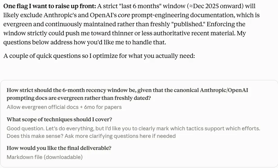 Screenshot of Claude chat with responses to a set of AskUserQuestions prompts