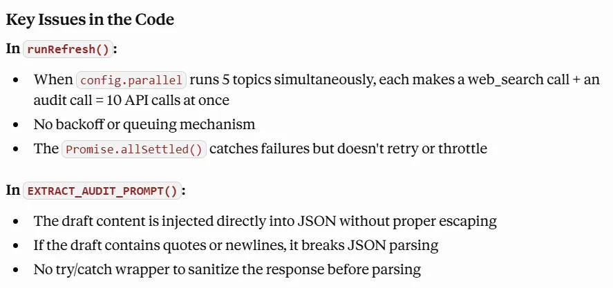Claude output identifying Artifact code issues