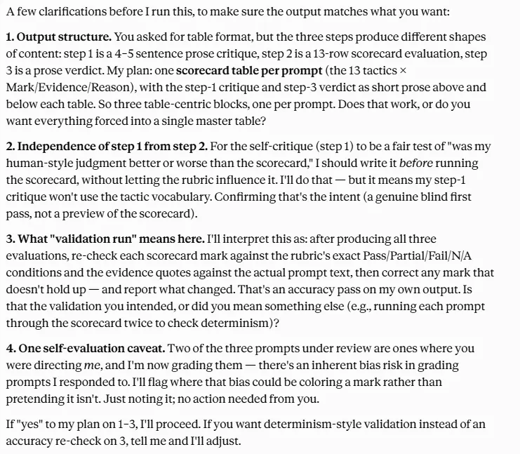 Screenshot of Claude output responding to a test plan prompt with 4 clarifications
