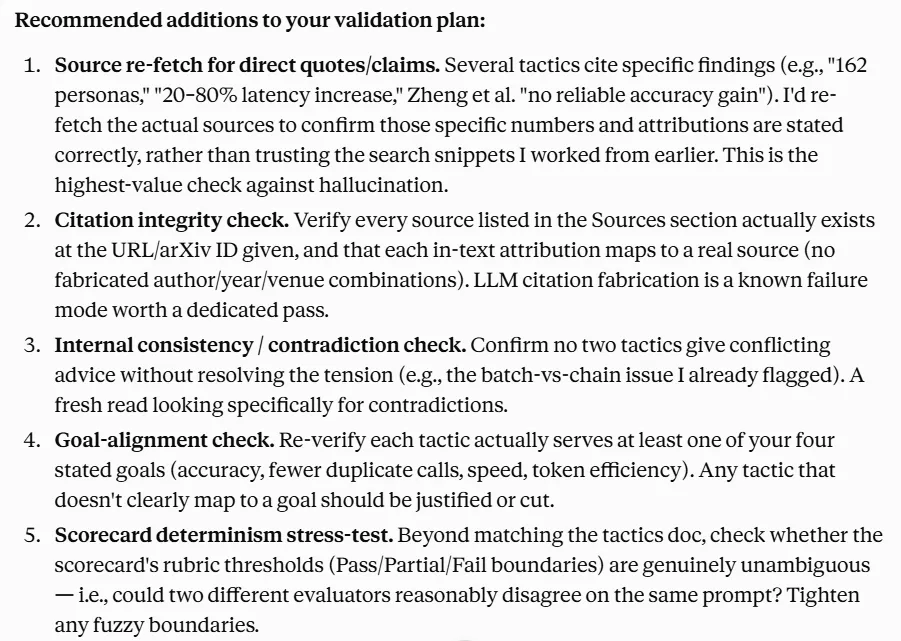 Screenshot of Claude response showing 5 suggested validation steps to run alongside user’s requested validation